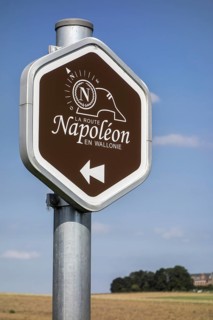 Signpost of the Route Napoleon commemorating the 1815 Battle of waterloo in Belgium