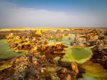 Geothermal area with sulphur deposits and acidic brines