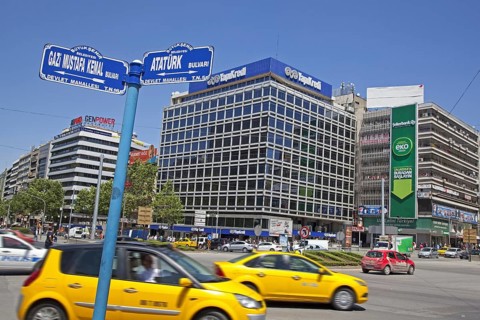 Yellow taxis on the Ataturk boulevard in the city Ankara