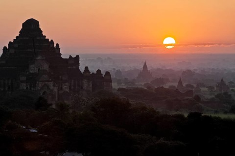 Stupas and pagodas at sunset
