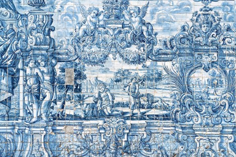Mural of typical blue tiles azulejos in the Se do Porto Cathedral