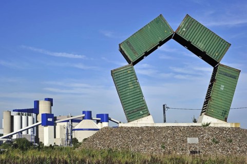 The artwork Speybank made of containers by artist Luc De Leu along the Ghent-Terneuzen Canal at Ghent seaport