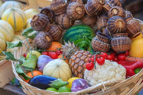 Basket with various fruits and vegetables