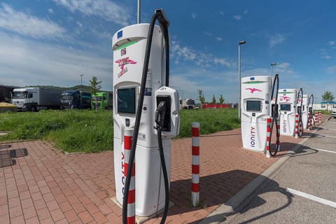 Charging stations for electric cars at a service area on the A5 Nuremberg-Heilbronn motorway