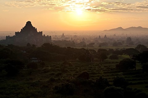 Stupas and pagodas at sunset
