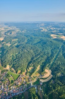 Aerial view over the fields and forests near Woerth an der Donau