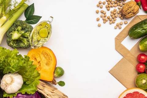 Flat lay assortment vegetables with copy space