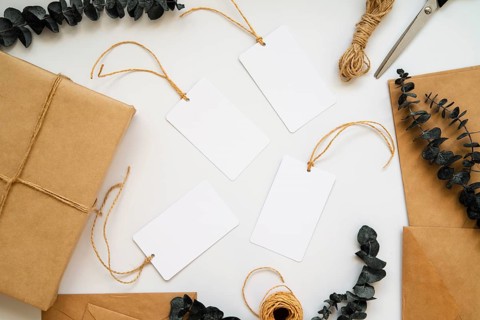 Top view wrapping paper empty white labels