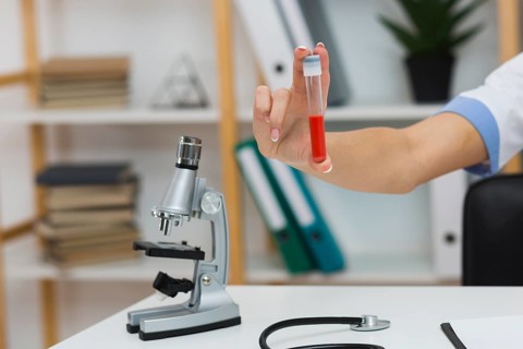 Female doctor hand holding blood sample