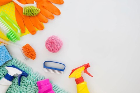 Top view cleaning equipment with copy space