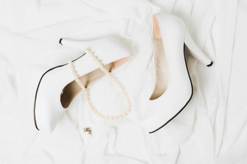 Pearl necklace earrings with pair wedding high heels scarf
