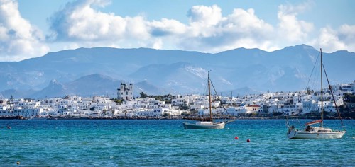 Local view of Naoussa town and blue sea
