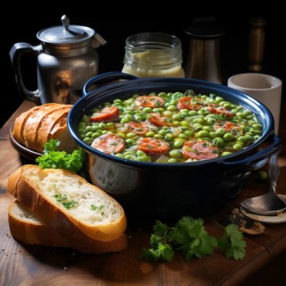 Pea soup with sausage and bread