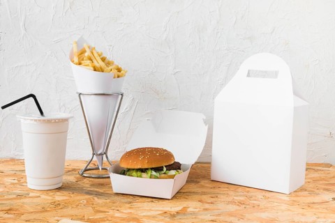 Burger french fries disposal cup food parcel mock up wooden table top