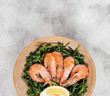 Top view plate with salad shrimp