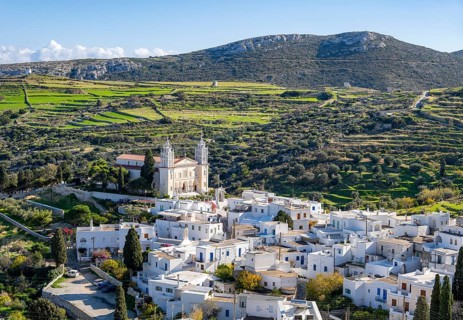 View over the village of Lefkes with white Cycladic houses