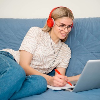 Online remote courses cute student her laptop