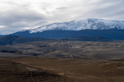 Landscape around snow-covered volcano Hekla
