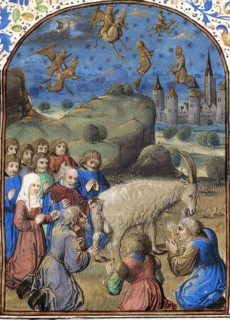 Symbolic representation against witches and devil worshippers. The people worship a goat while witches and devils cavort in heaven