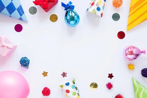 Top view party items white background