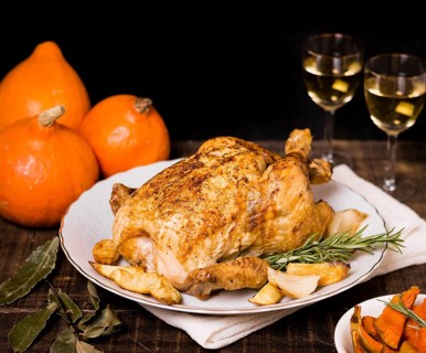 High angle roasted chicken plate thanksgiving dinner