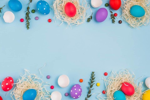 Easter eggs nests with plant branches candies