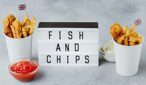 High angle fish chips paper cups with great britain flags light box