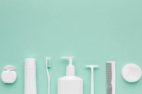 Hygiene products arrangement copy space