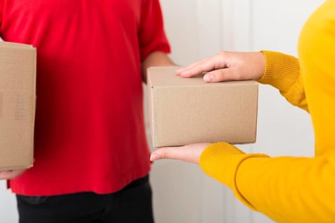 Woman taking package from delivery man