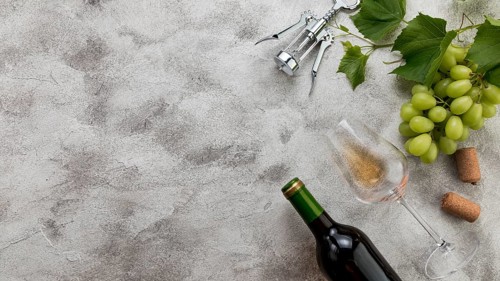 Top view wine bottle marble background