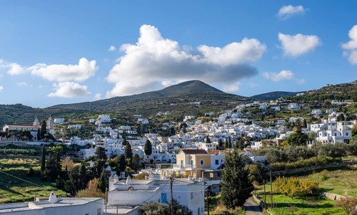 View over the village of Lefkes with white Cycladic houses