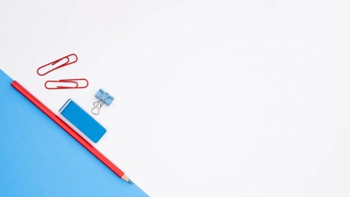 Pencil eraser paper clip with blue card paper white backdrop