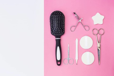 Cuticle hair brush scissors sponge eyelash curler sponge pink backdrop