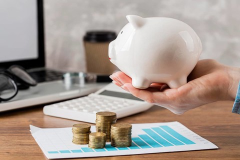 Hand holding piggy bank with growth chart coins
