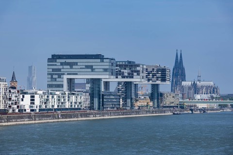 City view of the Rheinauhafen in Cologne with the 3 crane houses