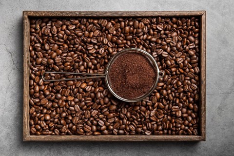 Flat lay coffee powder strainer coffee beans