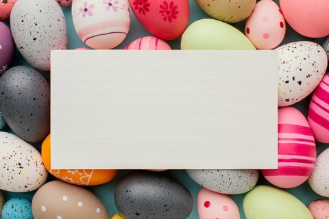 Top view colorful easter eggs with paper
