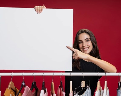 Beautiful woman holding banner mock up