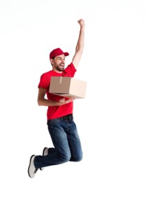 Young delivery man jumping holding box