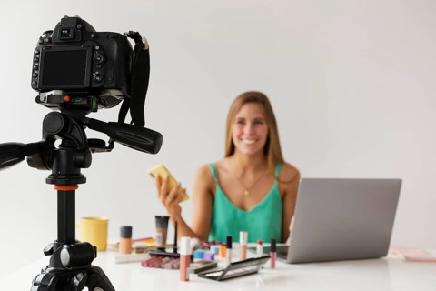 High angle camera filming woman