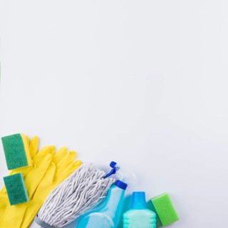 High angle view cleaning products grey background