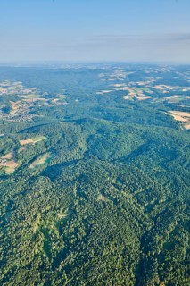 Aerial view over the fields and forests near Woerth an der Donau