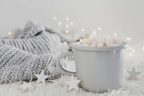 Front view hot chocolate with marshmallows pullover