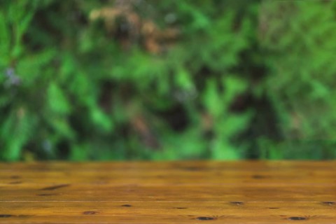 Timber tabletop blurred green background