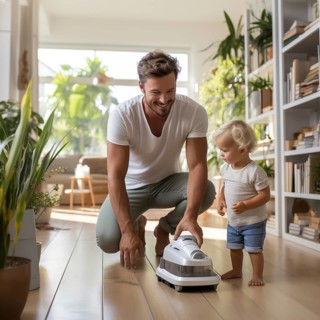 Family man vacuuming in the household