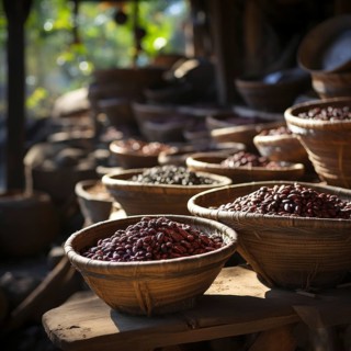 Coffee beans fresh and roasted Coffee beans on a plantation