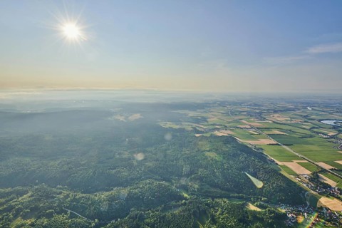 Aerial view over the fields and forests near Woerth an der Donau