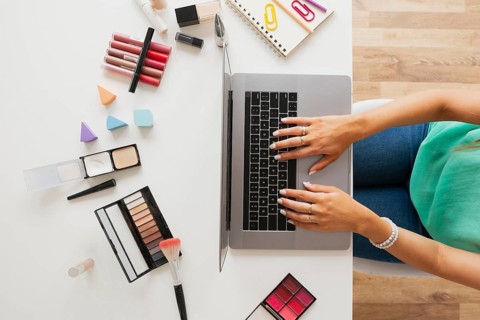 Top view woman desk working