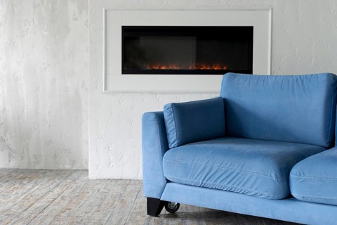 Front view room with couch fireplace