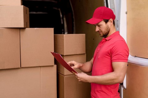 Side view delivery man checking packages list